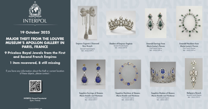 Furto al Louvre, pubblicate dall’Interpol le immagini dei gioielli rubati
