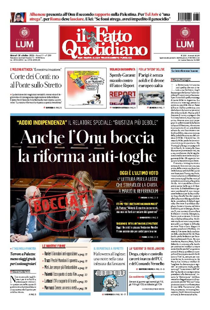Copertina de Il Fatto Quotidiano di Gio 30 Ottobre 2025