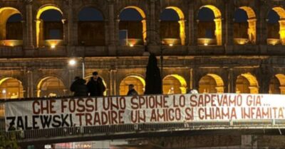 Copertina di “Spione lo sapevamo già, ma tradire un amico è infamità”: cosa c’è dietro lo striscione minaccioso apparso a Roma contro Zalewski