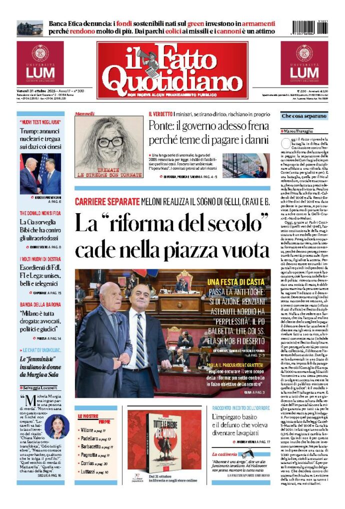 Copertina de Il Fatto Quotidiano di Ven 31 Ottobre 2025