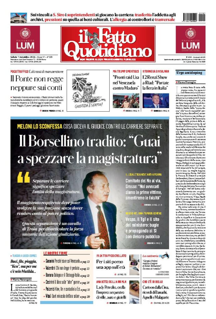 Copertina de Il Fatto Quotidiano di Sab 1 Novembre 2025
