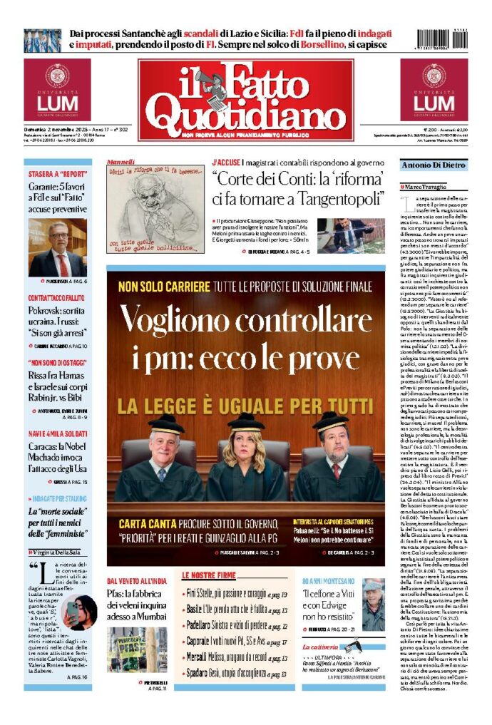 Copertina de Il Fatto Quotidiano di Dom 2 Novembre 2025
