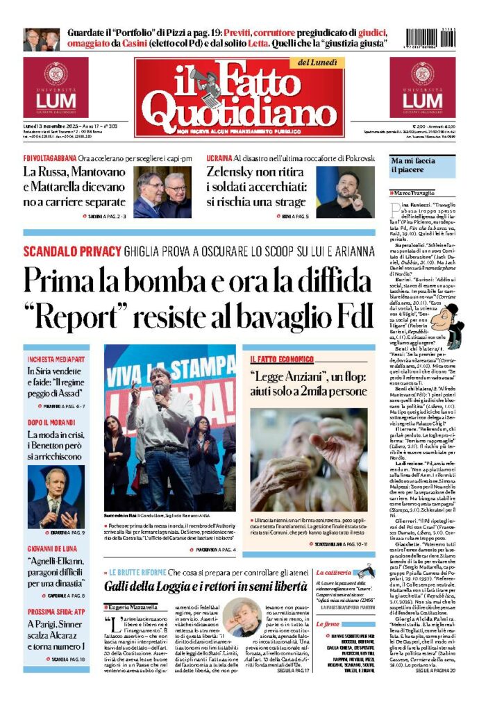 Copertina de Il Fatto Quotidiano di Lun 3 Novembre 2025