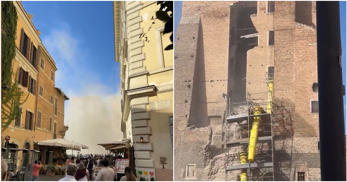 Crolla parte della Torre dei Conti a Roma: “Persone sotto le macerie”. Il video
