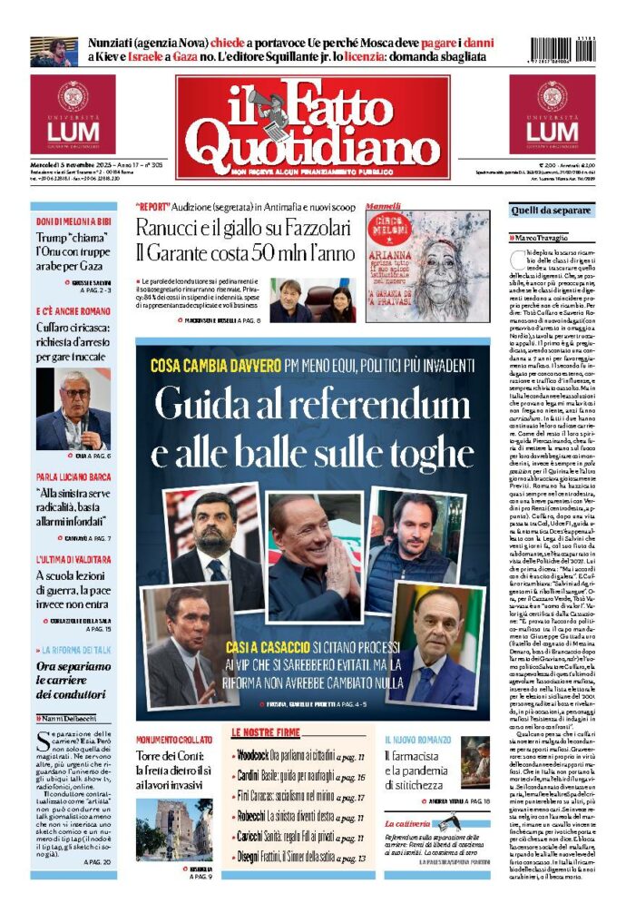 Copertina de Il Fatto Quotidiano di Mer 5 Novembre 2025