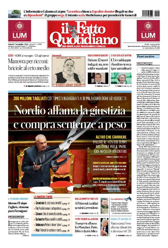 Copertina de Il Fatto Quotidiano di Ven 7 Novembre 2025