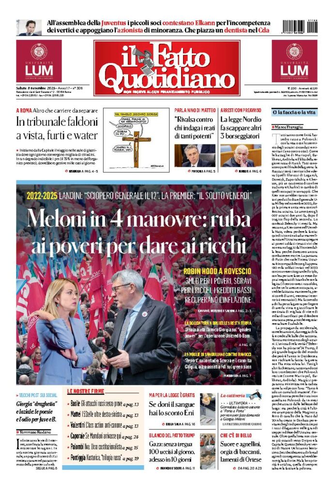 Copertina de Il Fatto Quotidiano di Sab 8 Novembre 2025