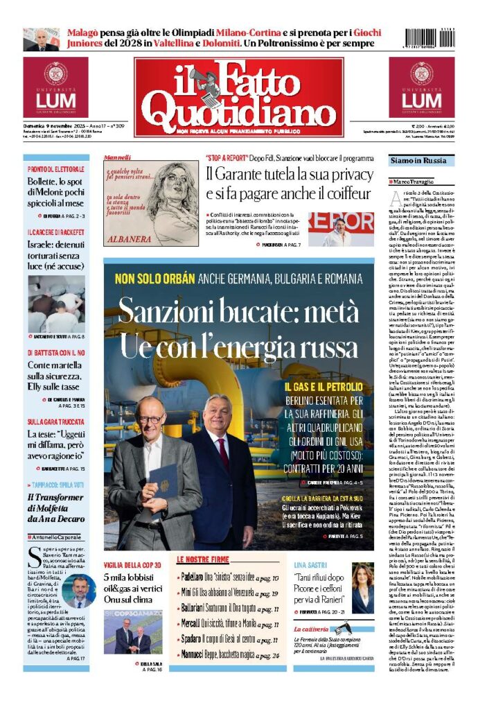 Copertina de Il Fatto Quotidiano di Dom 9 Novembre 2025