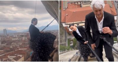 Copertina di “È stato l’appuntamento più folle e romantico di sempre”: sospesi nel vuoto a 85 metri di altezza in cima alla Mole Antonelliana, il video di Kasia Smutniak e Domenico Procacci