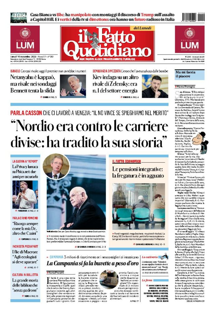 Copertina de Il Fatto Quotidiano di Lun 10 Novembre 2025