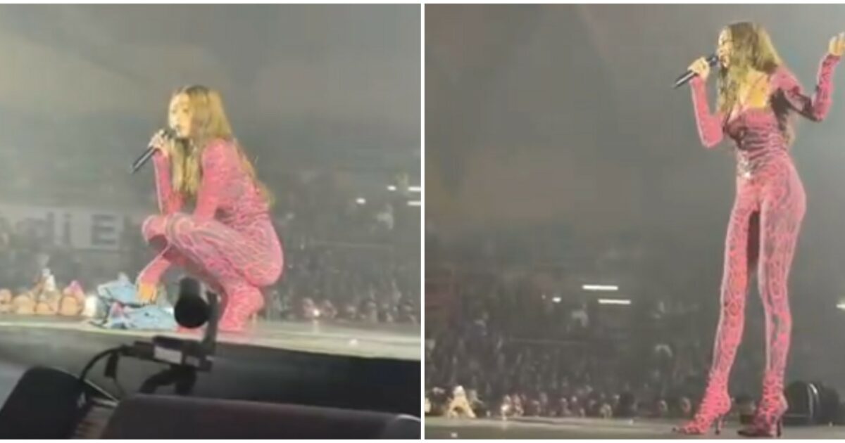 “Scusate ho avuto un abbassamento di voce, faccio fatica a cantare”: Elodie scoppia in lacrime in concerto Eboli e si scusa con i fan