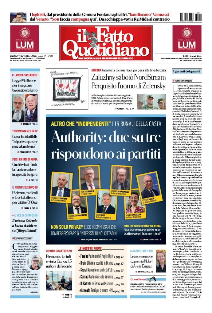 Copertina de Il Fatto Quotidiano di Mar 11 Novembre 2025