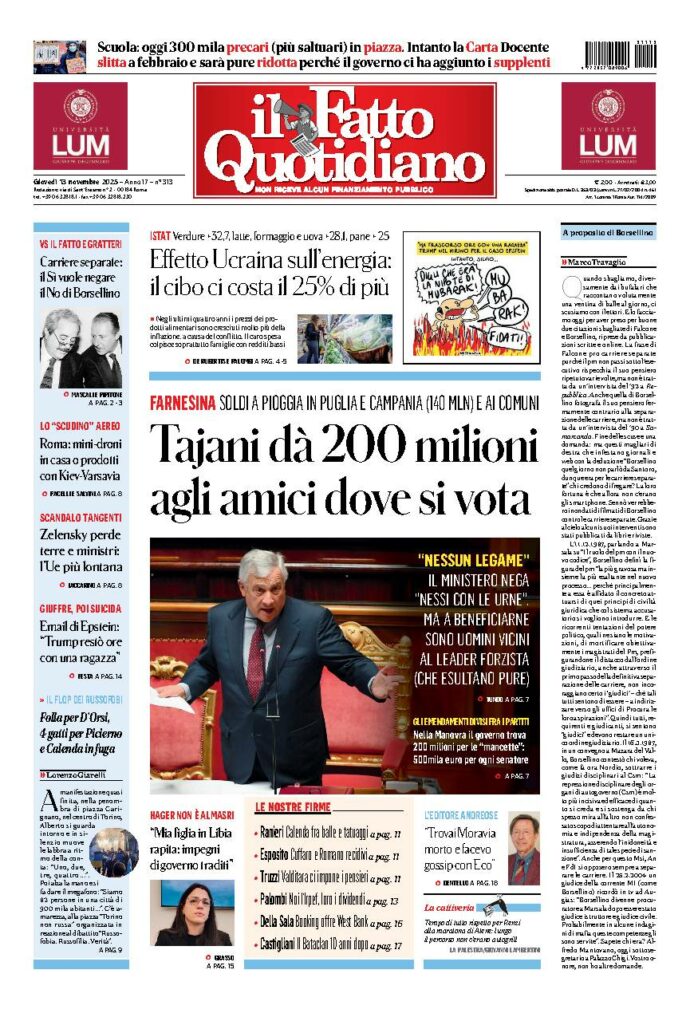 Copertina de Il Fatto Quotidiano di Gio 13 Novembre 2025