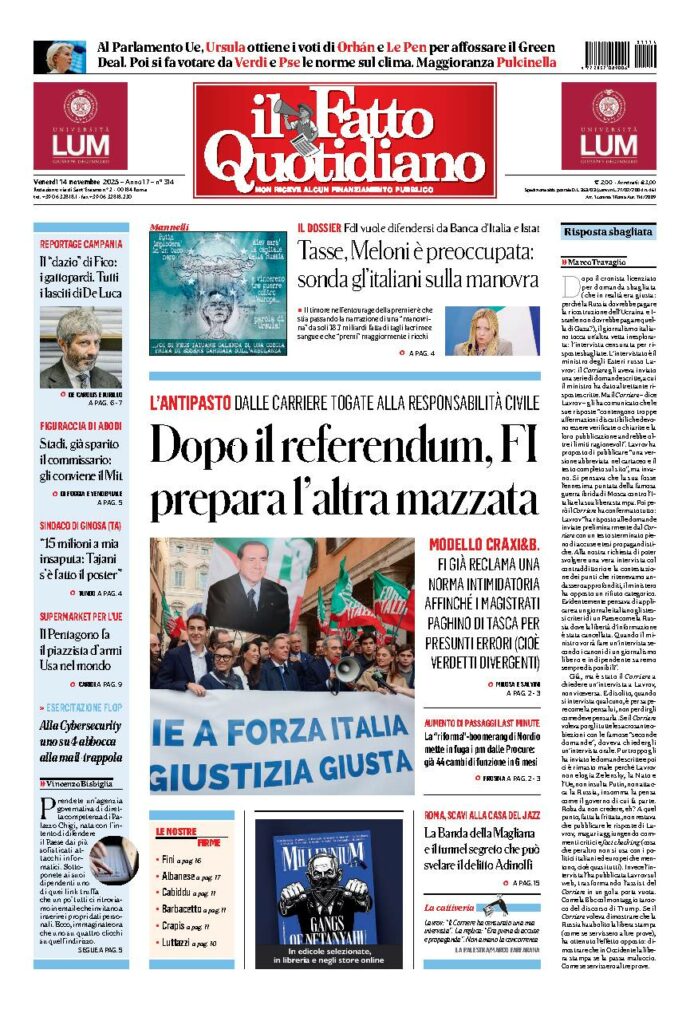 Copertina de Il Fatto Quotidiano di Ven 14 Novembre 2025