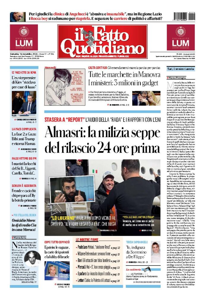Copertina de Il Fatto Quotidiano di Dom 16 Novembre 2025