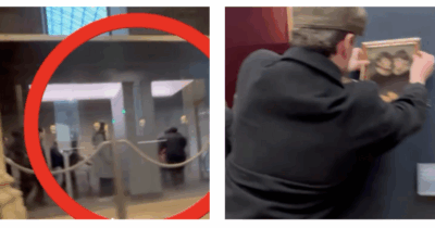 Copertina di Entrano al Louvre e appendono un loro dipinto nella sala della Gioconda: la nuova ‘beffa’ al museo parigino – VIDEO