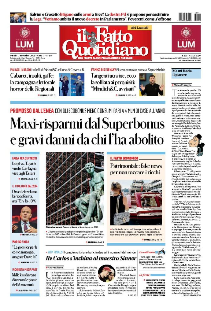 Copertina de Il Fatto Quotidiano di Lun 17 Novembre 2025