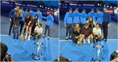 Copertina di Il cane di Sinner si prende la scena durante la foto con il trofeo: lo sguardo incantato di Snoopy è virale sui social | Video