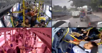 Copertina di Autobus impazzito travolge decine di auto e moto: l’autista non riesce a frenare. L’incidente da brividi ripreso dalle telecamere interne