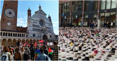 Copertina di In piazza per i bambini uccisi a Gaza con 20mila paia di scarpe: l’iniziativa dei docenti di Cremona