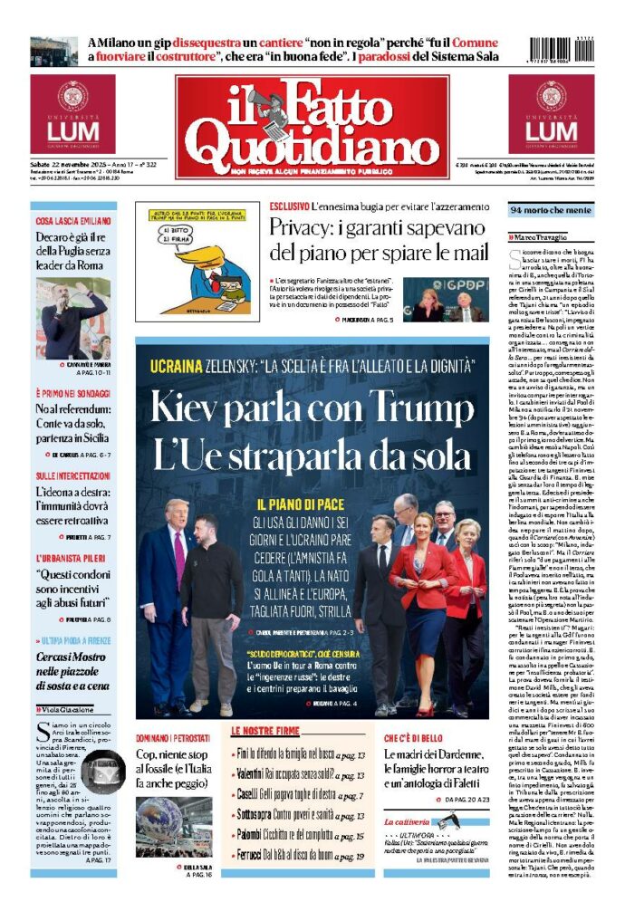Copertina de Il Fatto Quotidiano di Sab 22 Novembre 2025