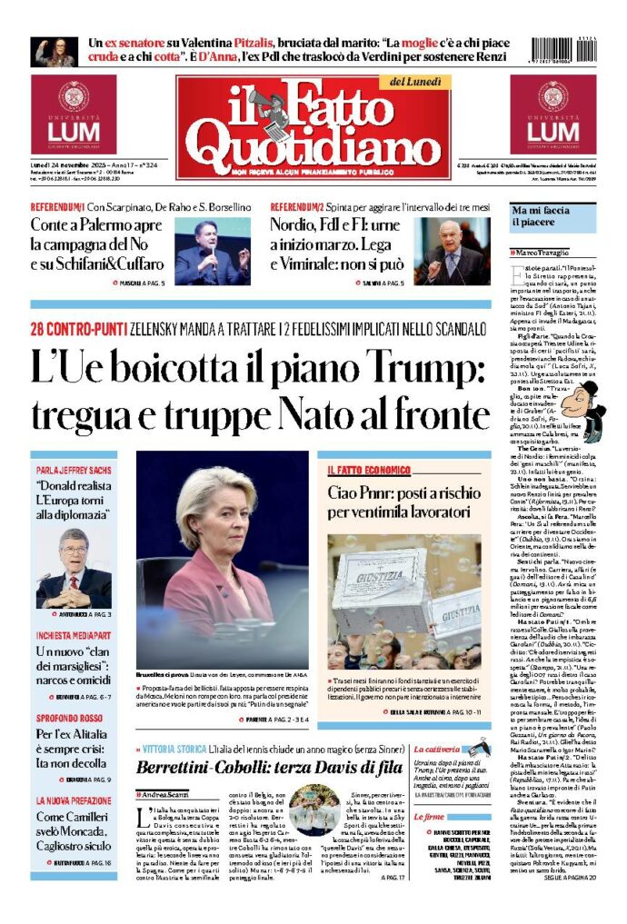 Copertina de Il Fatto Quotidiano di Lun 24 Novembre 2025