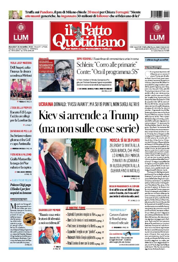 Copertina de Il Fatto Quotidiano di Mer 26 Novembre 2025