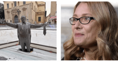 Copertina di “È una ridicolizzazione di Luciano, una cosa bruttissima”: Nicoletta Mantovani contro la statua di Pavarotti inglobata nella pista di pattinaggio a Pesaro