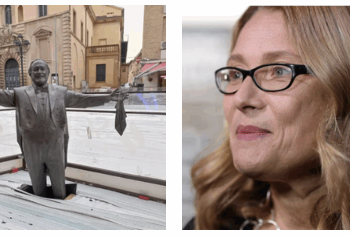 “È una ridicolizzazione di Luciano, una cosa bruttissima”: Nicoletta Mantovani contro la statua di Pavarotti inglobata nella pista di pattinaggio a Pesaro