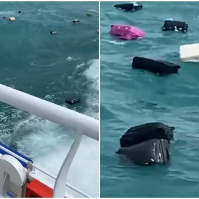 I passeggeri del traghetto vedono all’improvviso i propri bagagli galleggiare in mare e scatta il panico: il video è virale