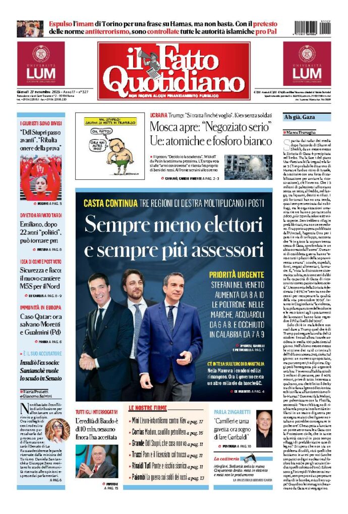 Copertina de Il Fatto Quotidiano di Gio 27 Novembre 2025