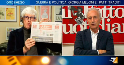 Copertina di Scontro Severgnini-Travaglio. “La Russia non avanza, è ferma al Donbass”. “Avevi detto che sarebbe arrivata a Lisbona. Deciditi”. Su La7