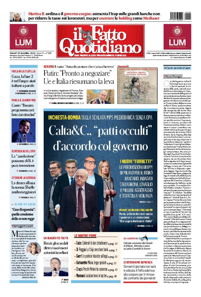 Copertina de Il Fatto Quotidiano di Ven 28 Novembre 2025