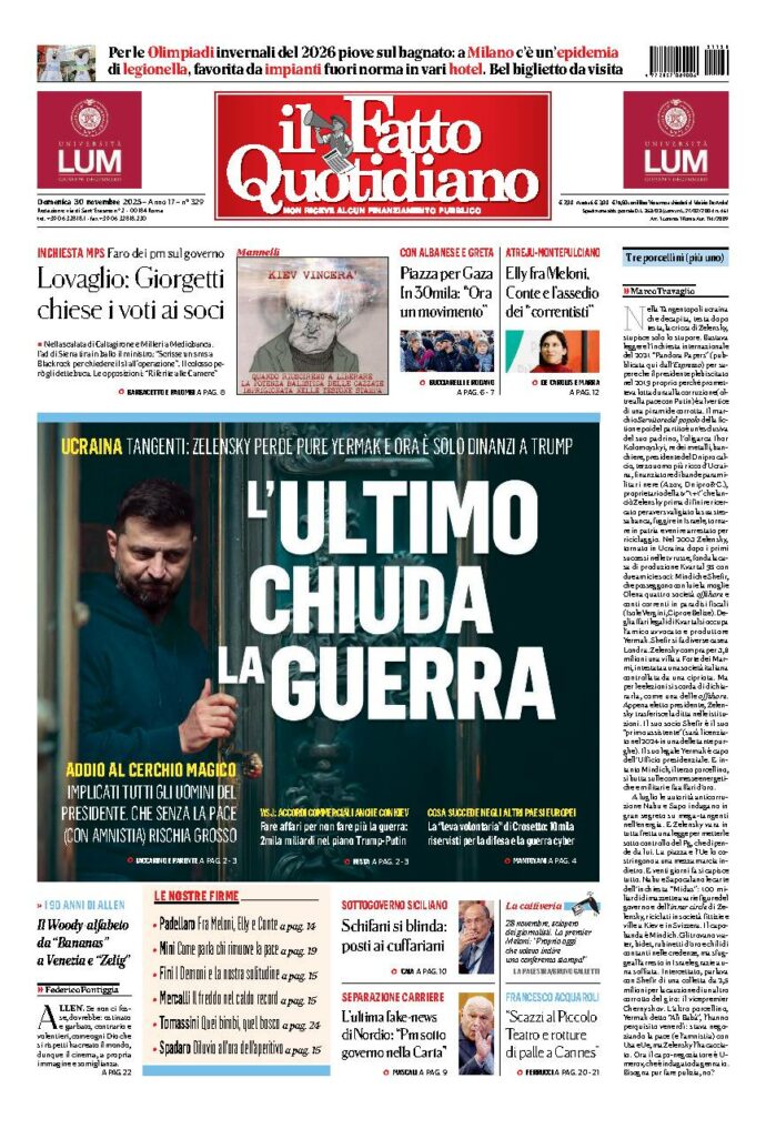 Copertina de Il Fatto Quotidiano di Dom 30 Novembre 2025