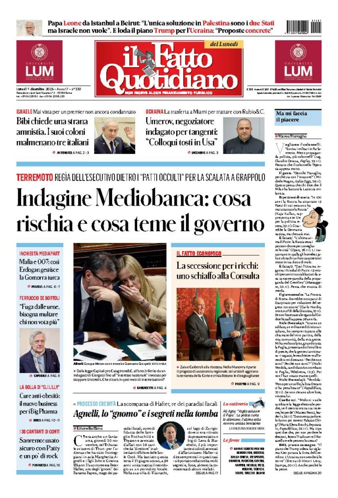 Copertina de Il Fatto Quotidiano di Lun 1 Dicembre 2025