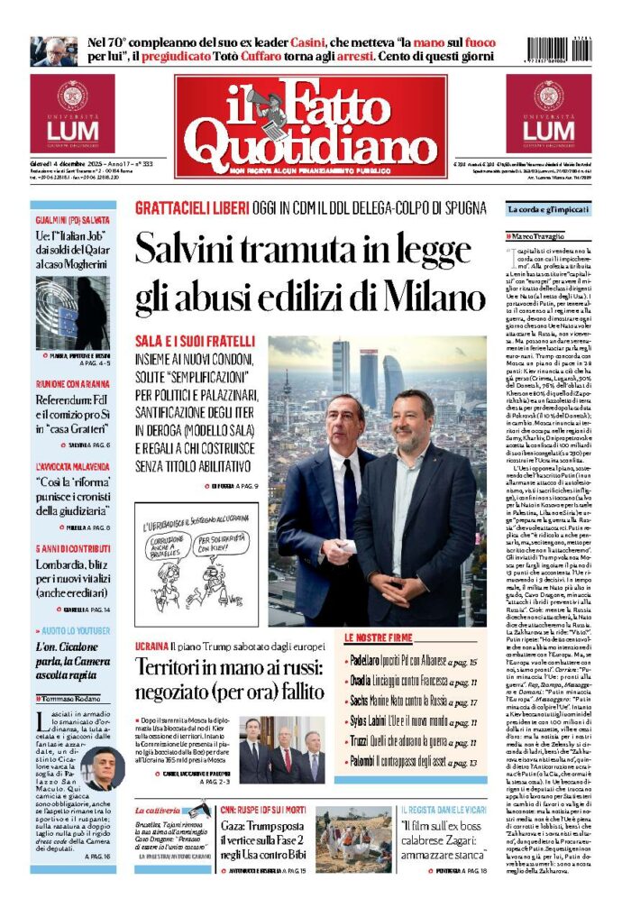 Copertina de Il Fatto Quotidiano di Gio 4 Dicembre 2025