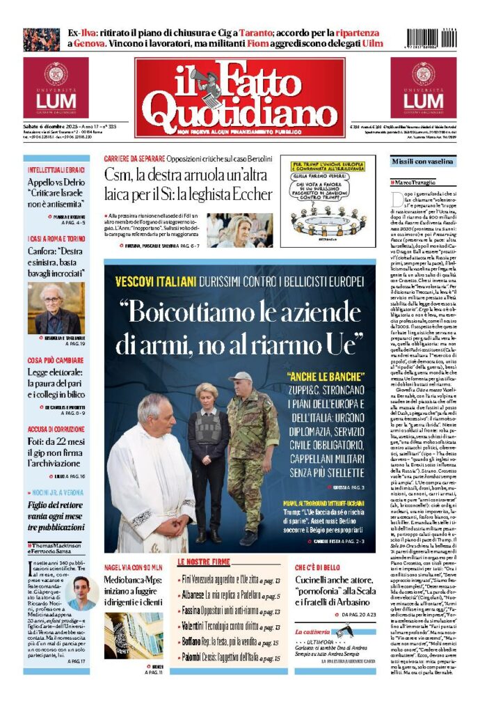 Copertina de Il Fatto Quotidiano di sabato 6 Dicembre 2025