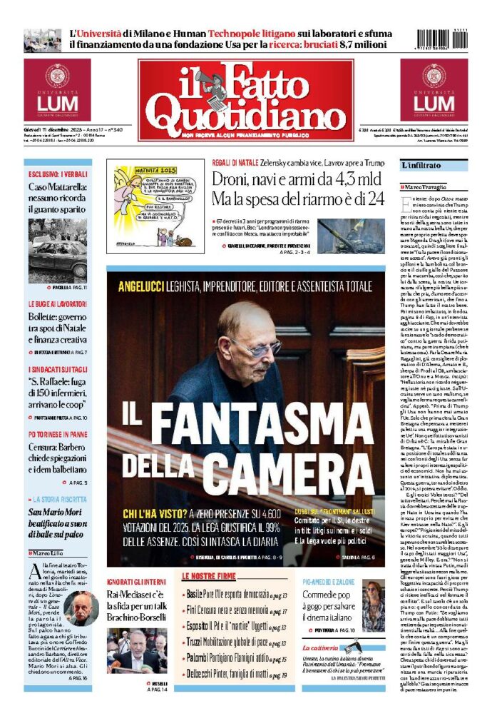 Copertina de Il Fatto Quotidiano di Gio 11 Dicembre 2025