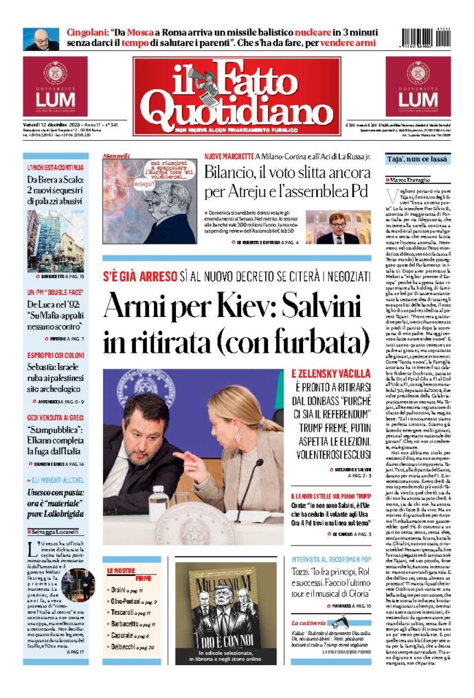 Copertina de Il Fatto Quotidiano di Ven 12 Dicembre 2025