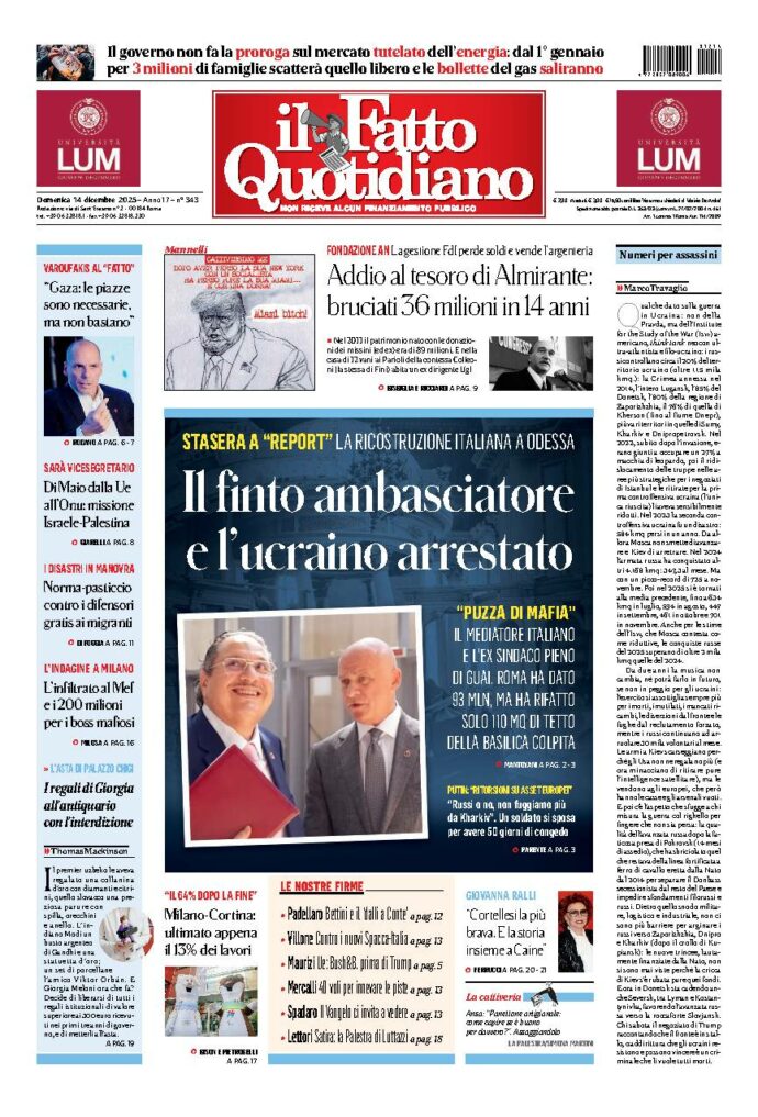 Copertina de Il Fatto Quotidiano di Dom 14 Dicembre 2025