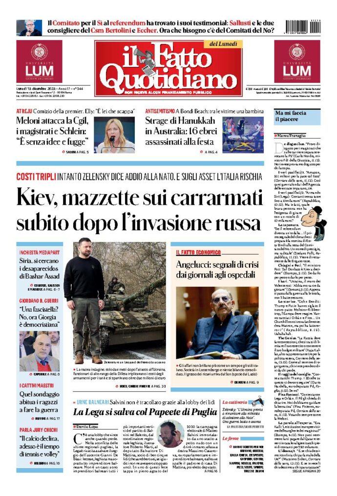 Copertina de Il Fatto Quotidiano di lunedì 15 Dicembre 2025