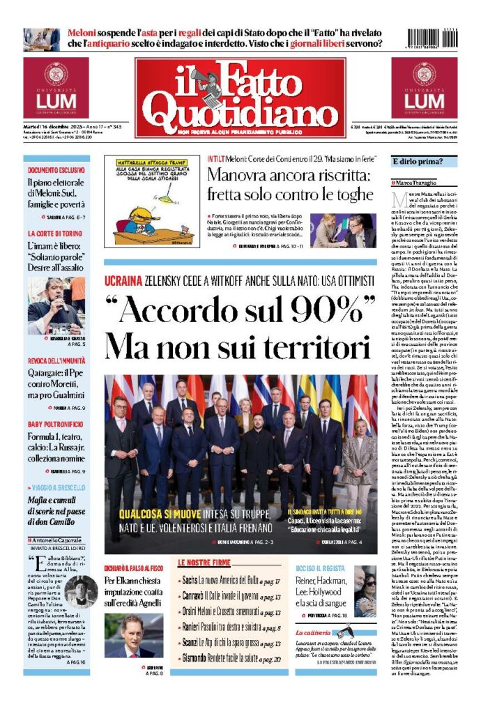 Copertina de Il Fatto Quotidiano di martedì 16 Dicembre 2025
