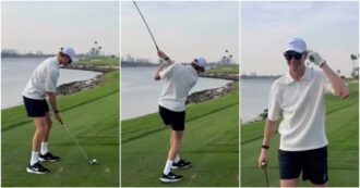 Copertina di Sorriso e dito sulla tempia, Sinner vuole vincere anche a golf: il confronto con Vagnozzi e Cahill  – Video