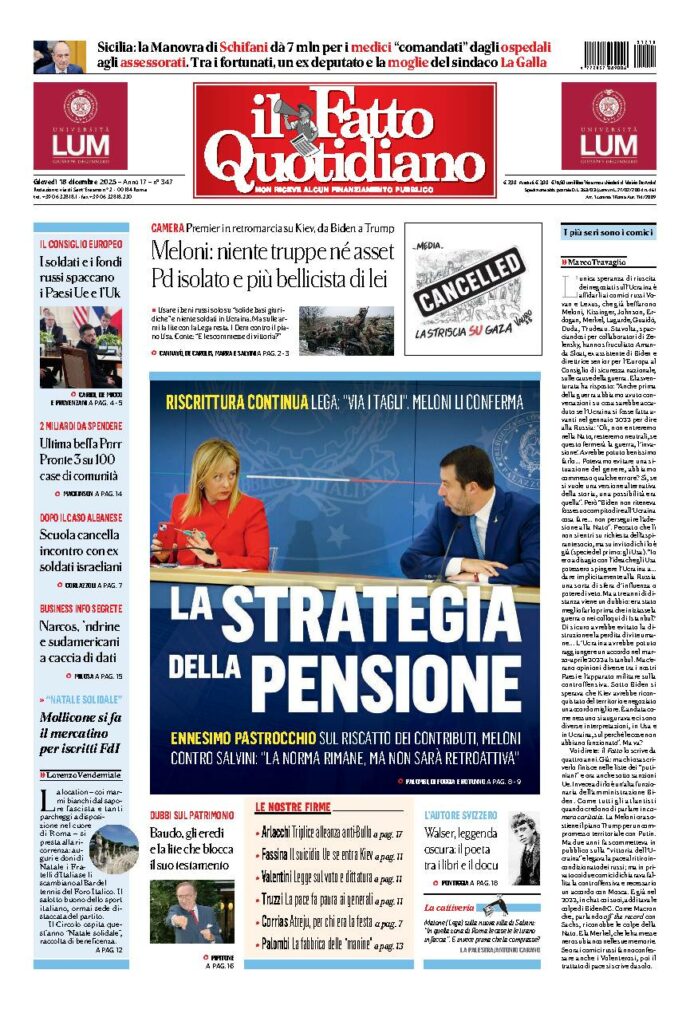 Copertina de Il Fatto Quotidiano di giovedì 18 Dicembre 2025