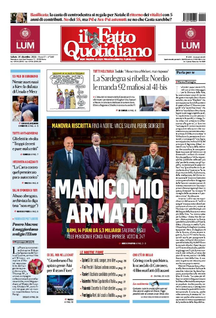Copertina de Il Fatto Quotidiano di sabato 20 Dicembre 2025