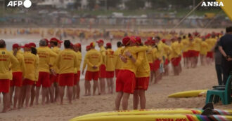 Copertina di L’omaggio dei bagnini australiani per le vittime di Bondi Beach: decine di soccorritori schierati lungo la riva – Video