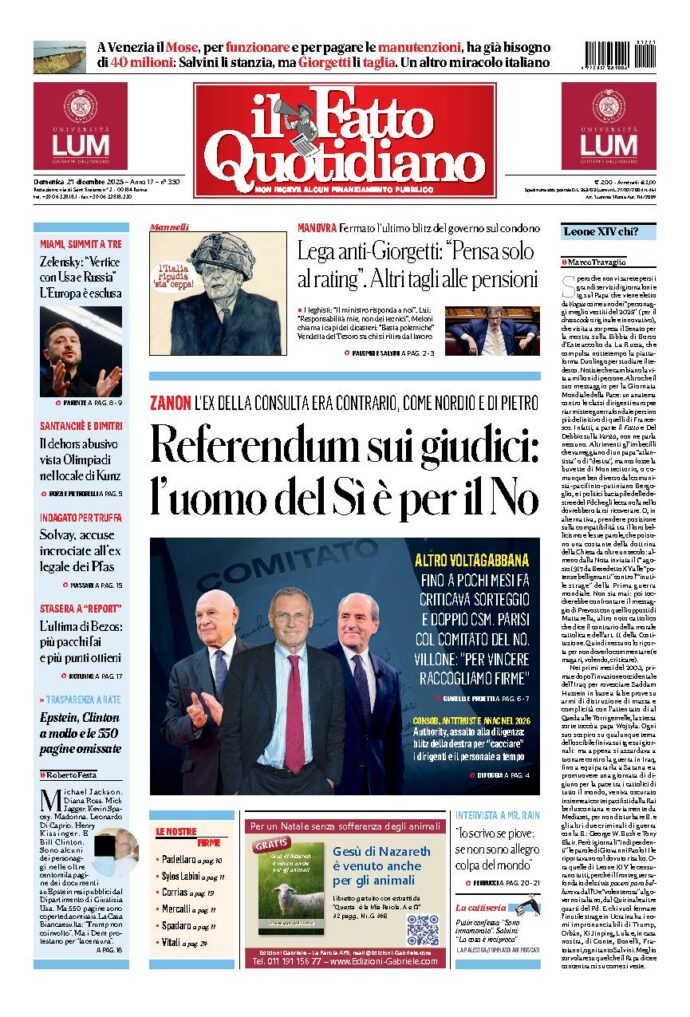 Copertina de Il Fatto Quotidiano di domenica 21 Dicembre 2025