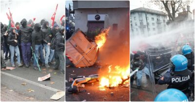 Copertina di Scontri tra manifestanti incappuccianti e polizia al corteo di Torino, cassonetti dati alle fiamme. Agenti usano idranti