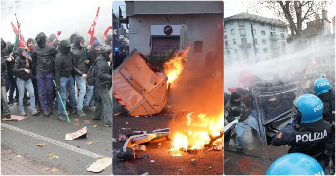 Scontri tra manifestanti di Askatasuna e polizia al corteo di Torino, cassonetti dati alle fiamme. Agenti usano idranti