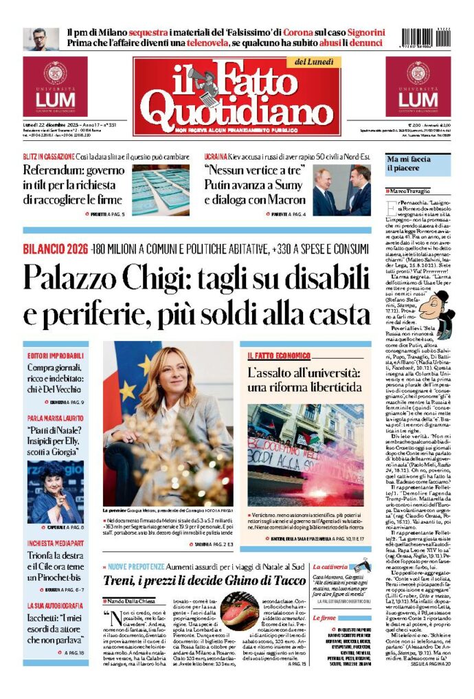 Copertina de Il Fatto Quotidiano di lunedì 22 Dicembre 2025